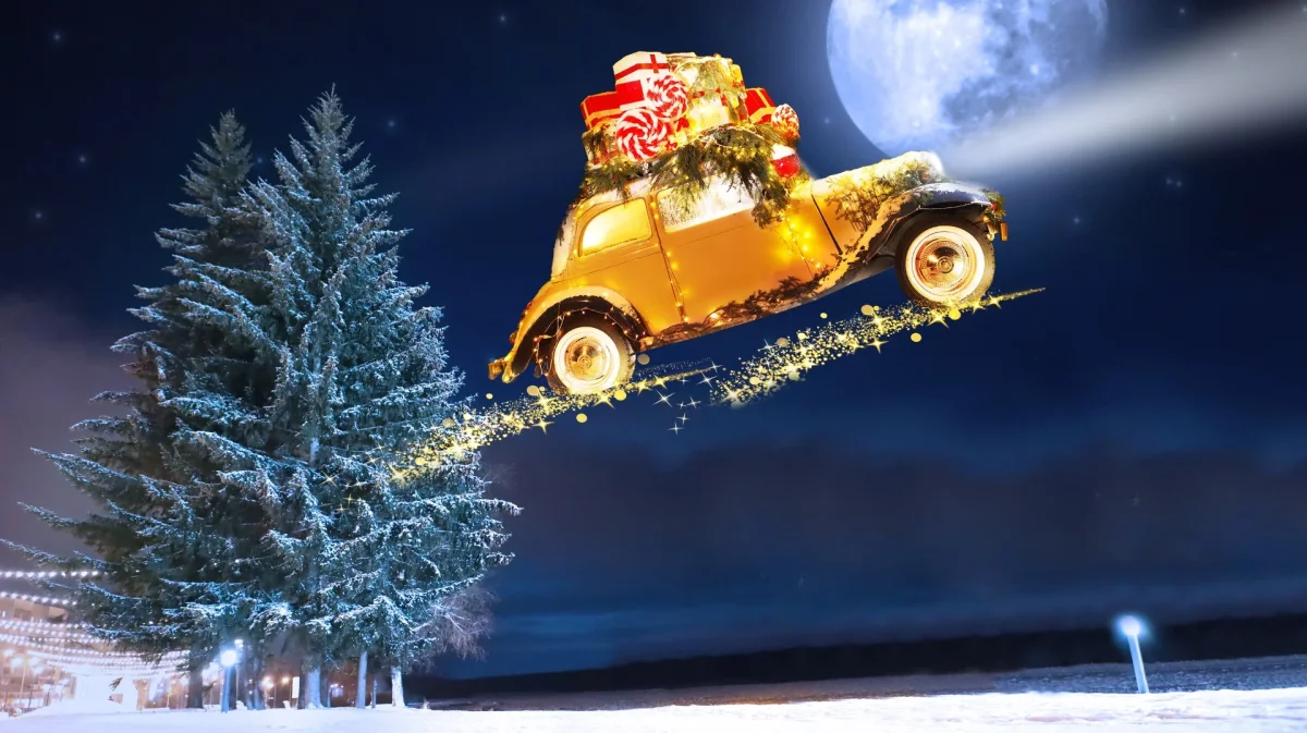 Flygande bil med julklappar