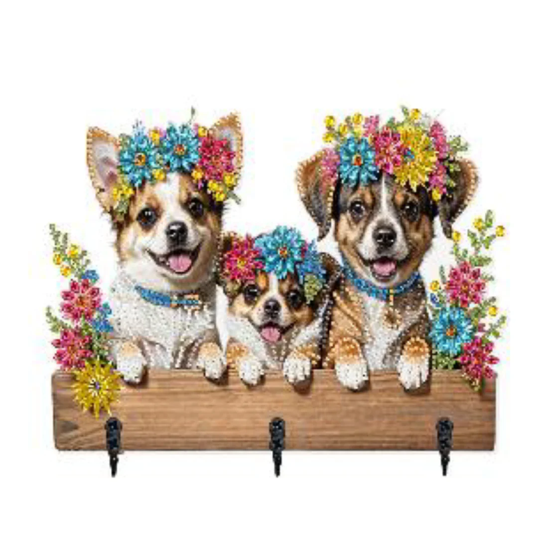 Kapphängare med söta hundar som bär blomsterkransar