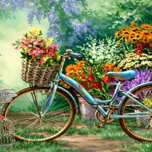 Blå cykel på blomsteräng