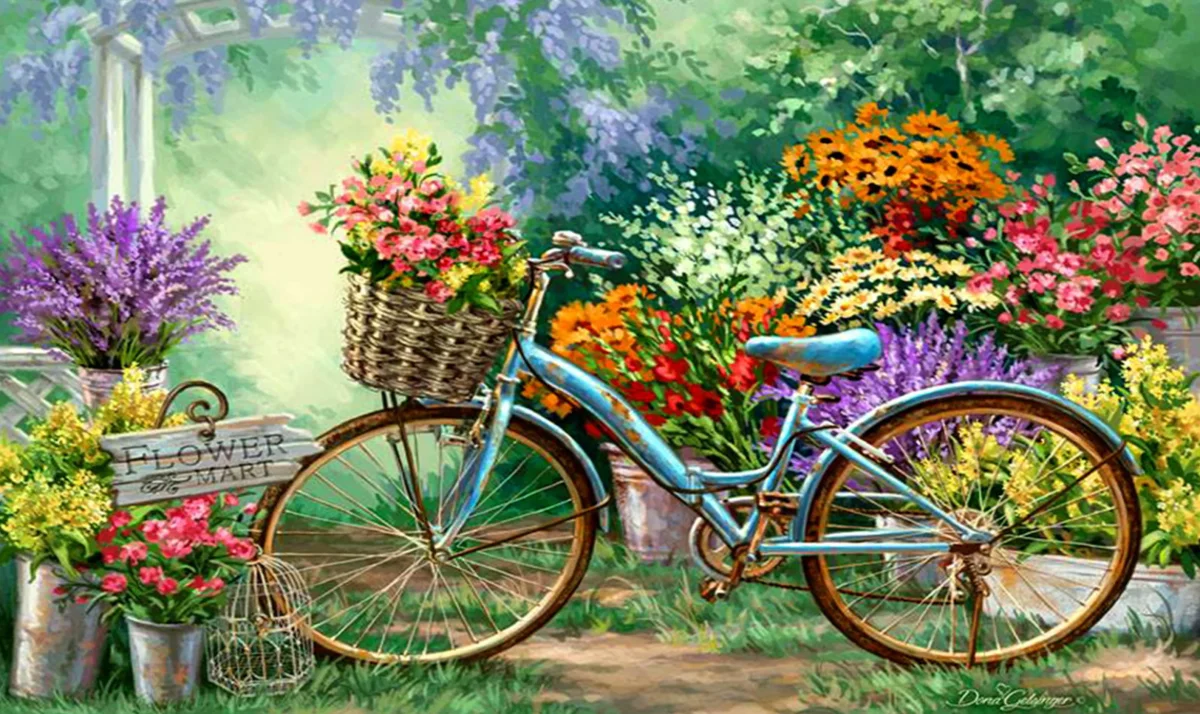 Blå cykel på blomsteräng - Bild 2